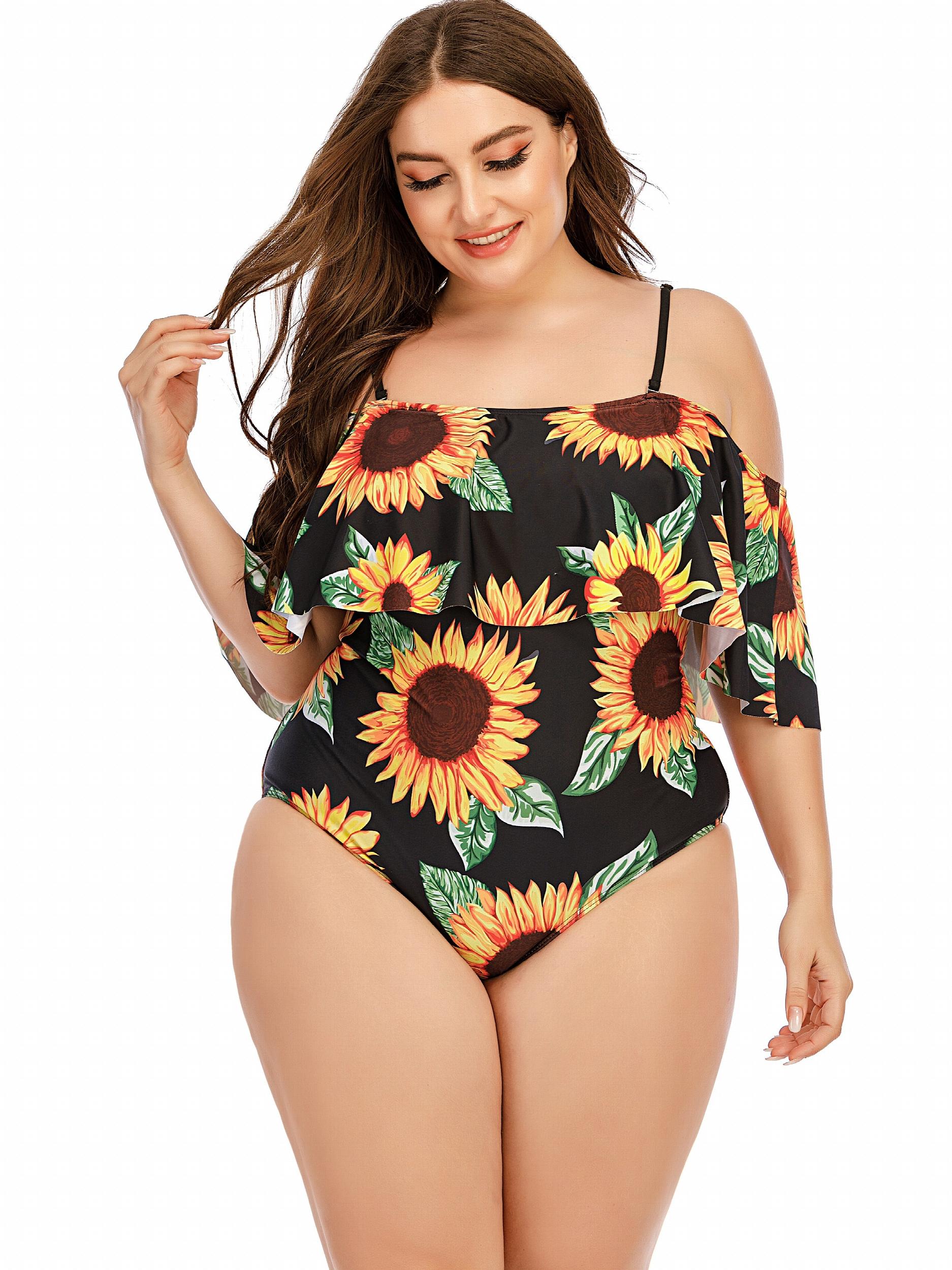 Sunflower Print Off Shoulder Ruffle One Piece Swimsuit
