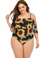 Sunflower Print Off Shoulder Ruffle One Piece Swimsuit