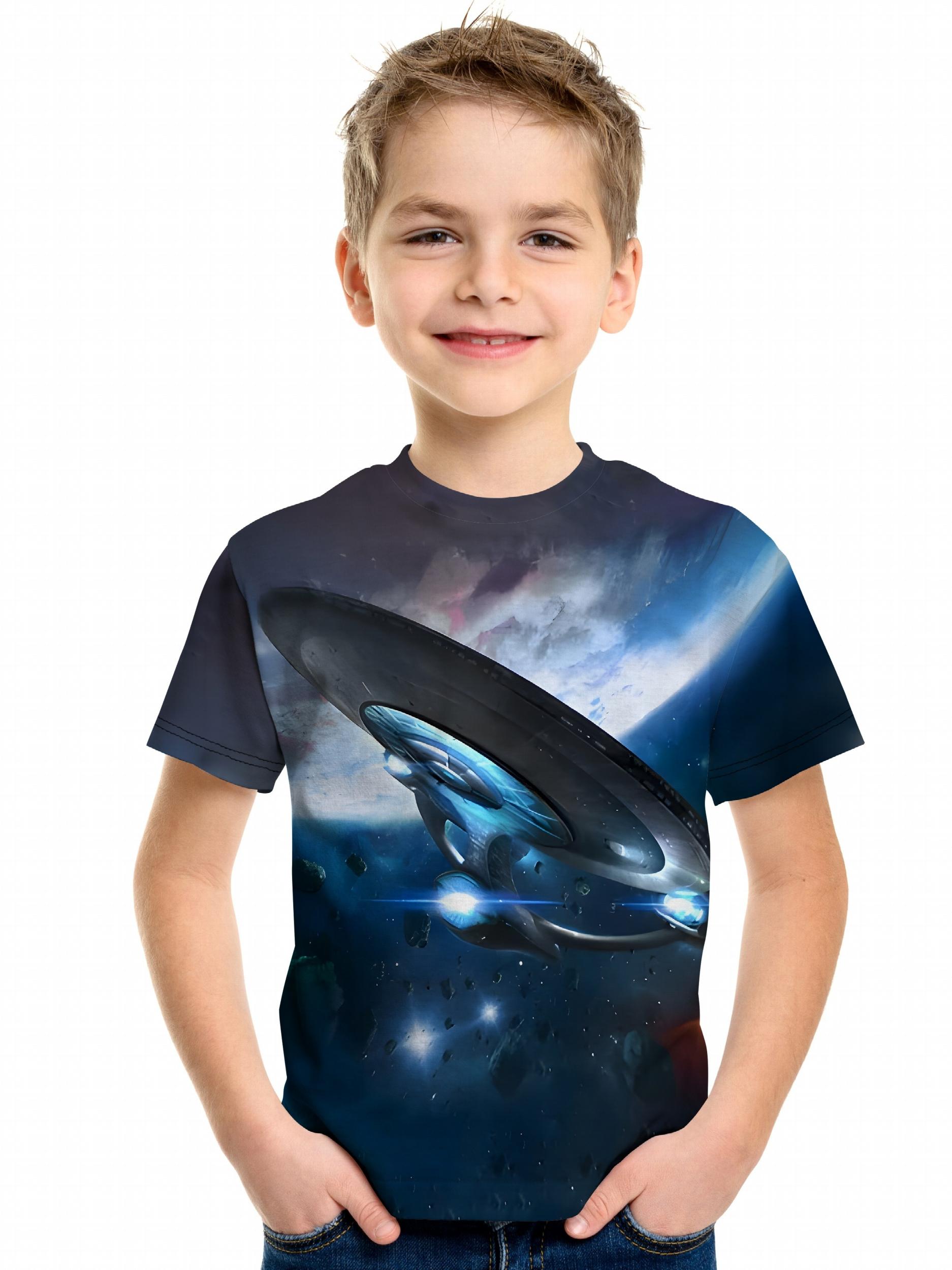 Boys Space 3D Print T shirt Short Sleeve Crew Neck Top