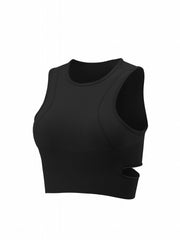 Solid Ribbed Cut Out Round Neck Yoga Workout Bra With Removable Pads