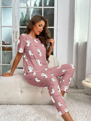 Cartoon Cat Print Pajama Set Short Sleeve Top & Pant