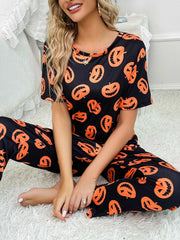 Pumpkin Print Pajama Set Short Sleeve Crew Neck Top