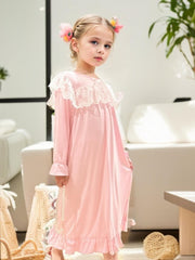 Girls Nightdress Puff Sleeve Ruffle Pajamas Lace Loungewear
