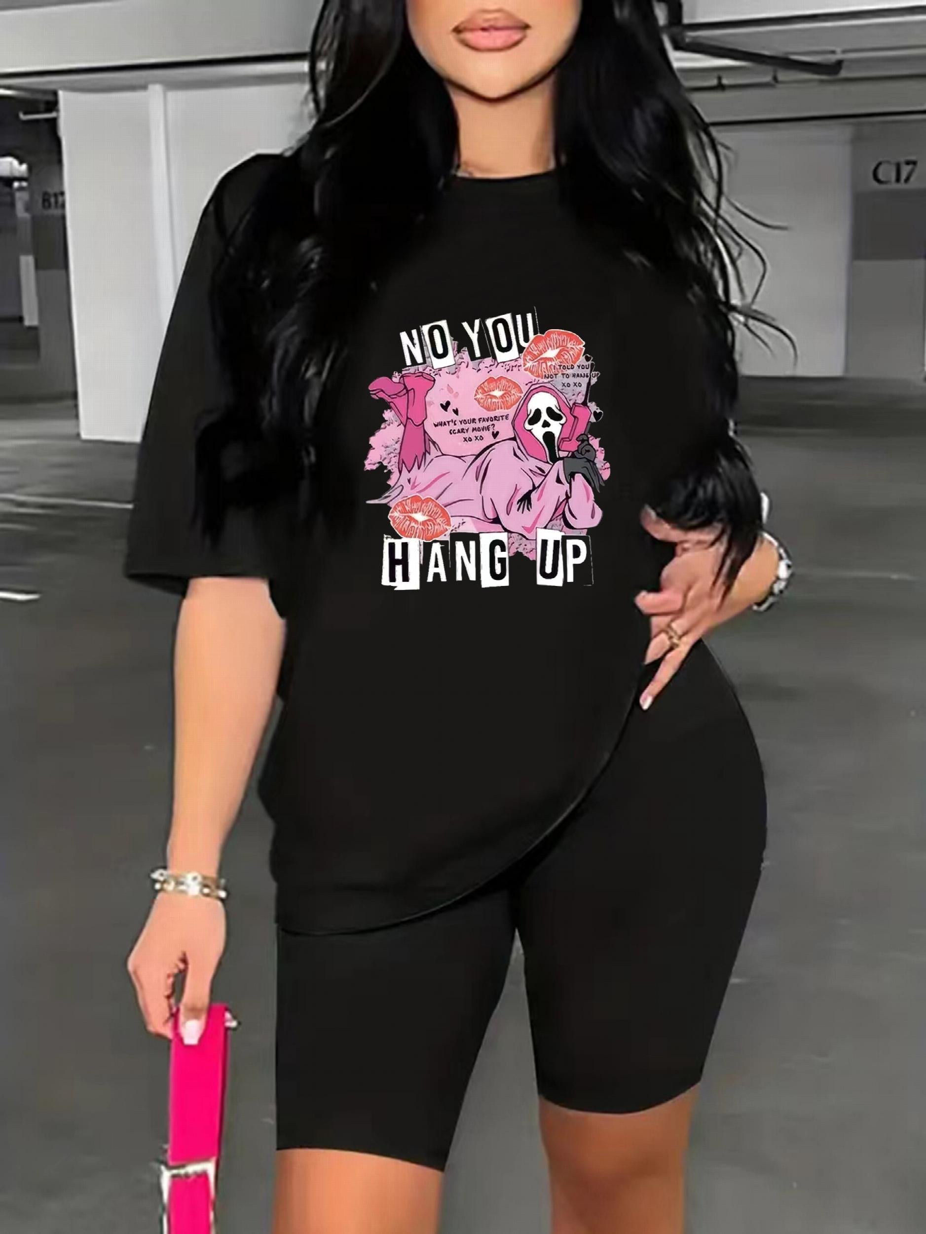 Women's Plus Slogan & Graphic Print Top & Shorts Set