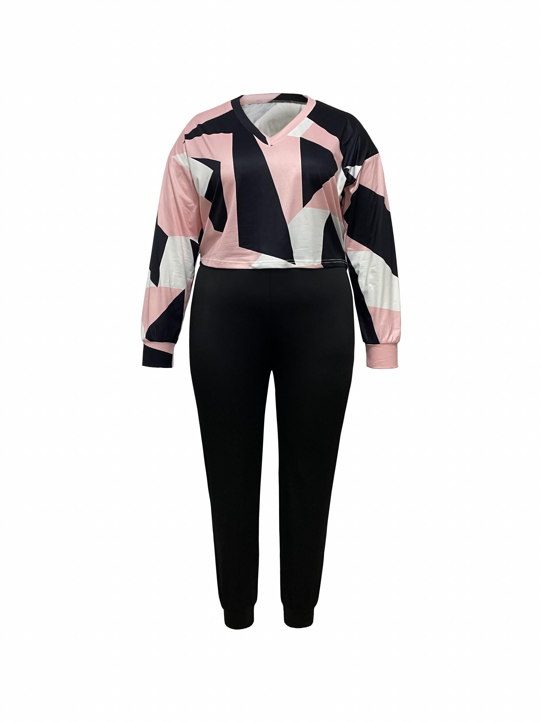 Women's Plus Geometric Print V Neck Top & Pants Outfits 2 Piece Set