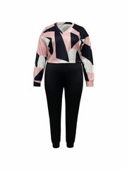 Women's Plus Geometric Print V Neck Top & Pants Outfits 2 Piece Set