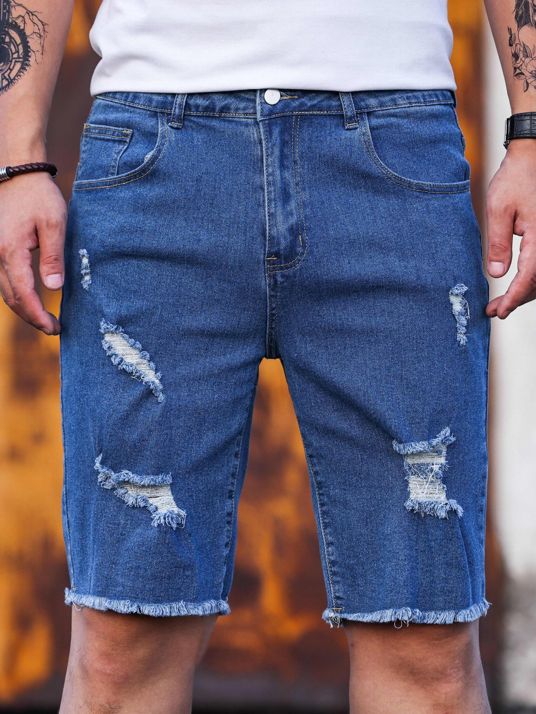 Men's Ripped Denim Shorts Casual Street Style Distressed Medium Stretch