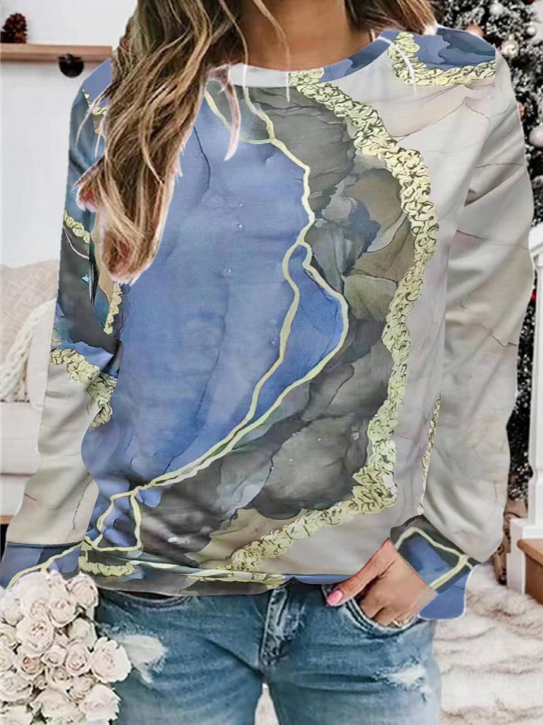 Marble Print Pullover Sweatshirt Crew Neck for Women