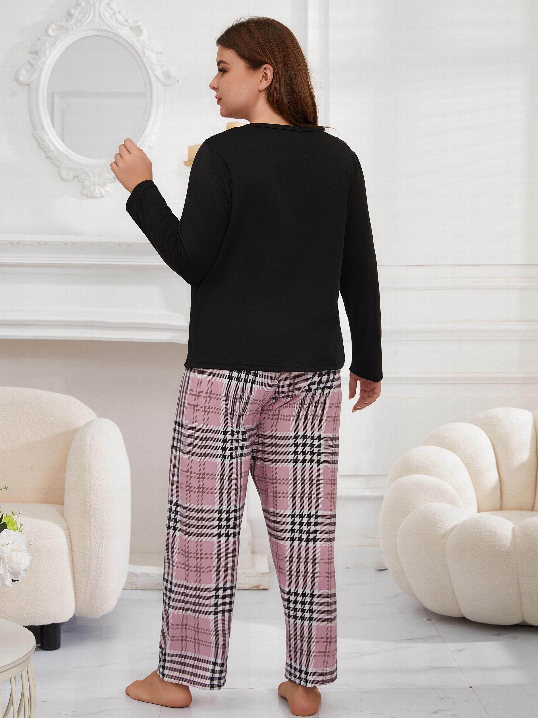 Preppy Pajamas Set Women's Letter Graphic Tee & Plaid Pant