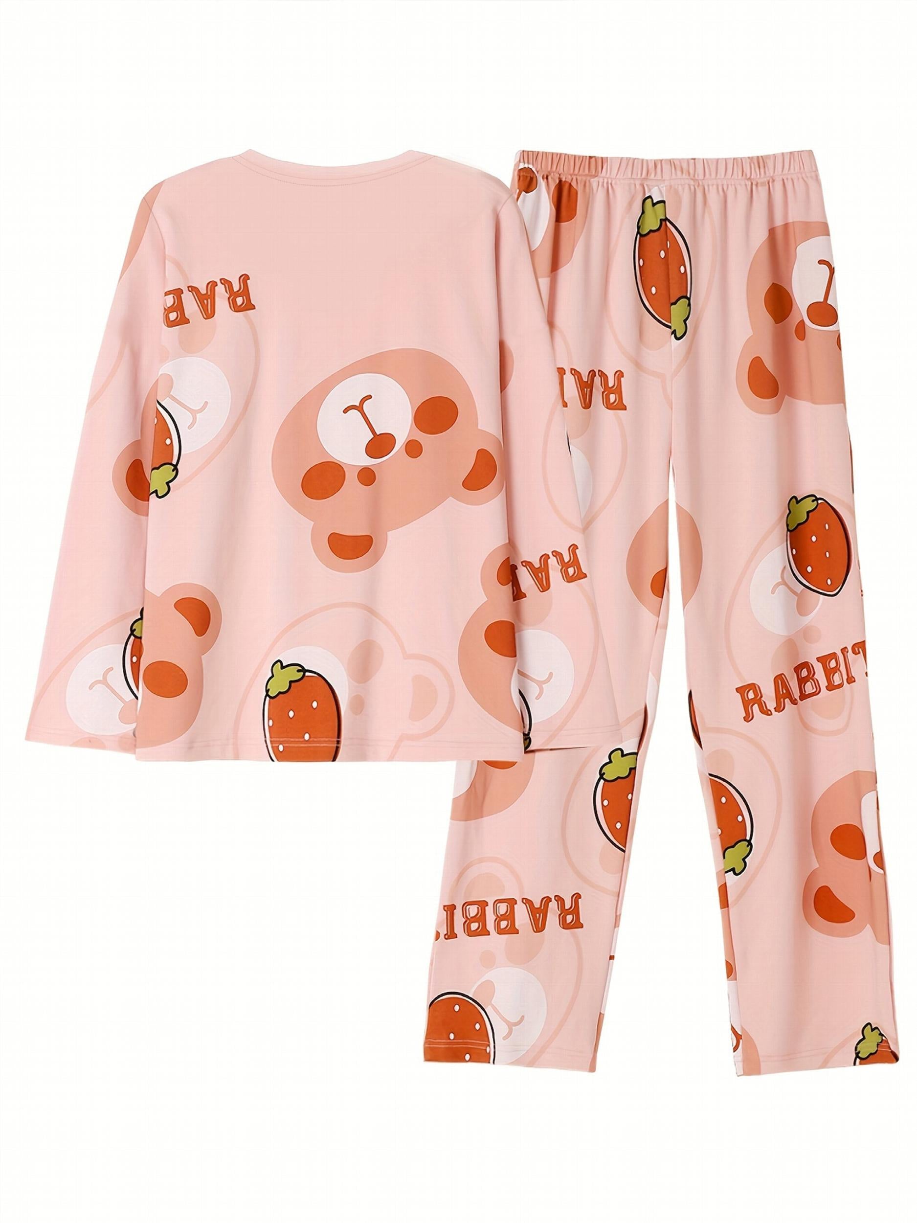 Bear Print Pajama Set Long Sleeve Top & Pants Women's Sleepwear