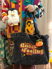 Vintage Denim Embroidery Casual Tote Bag Large Capacity Shopping Handbag