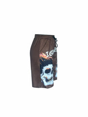 Skull Print Drawstring Shorts Elastic Waist Wide Leg