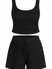 Solid Round Neck Tank Top & Drawstring Elastic Shorts Set