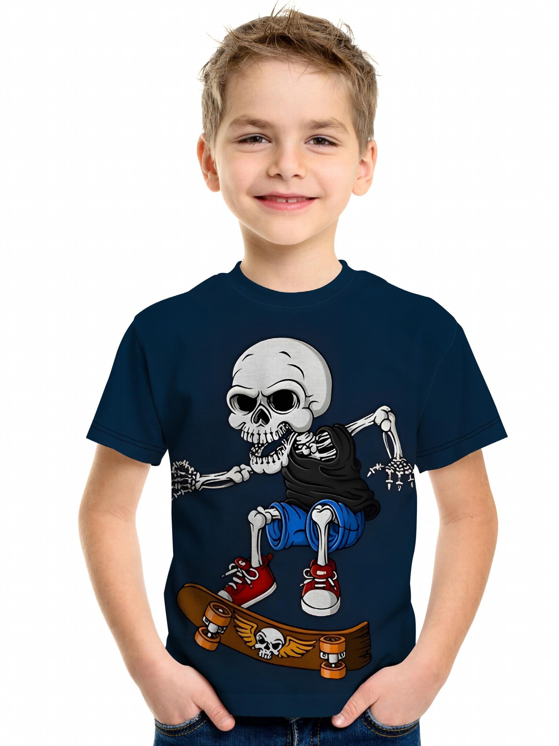 Boys Skateboard Skull Print T shirt Short Sleeve Crew Neck Top