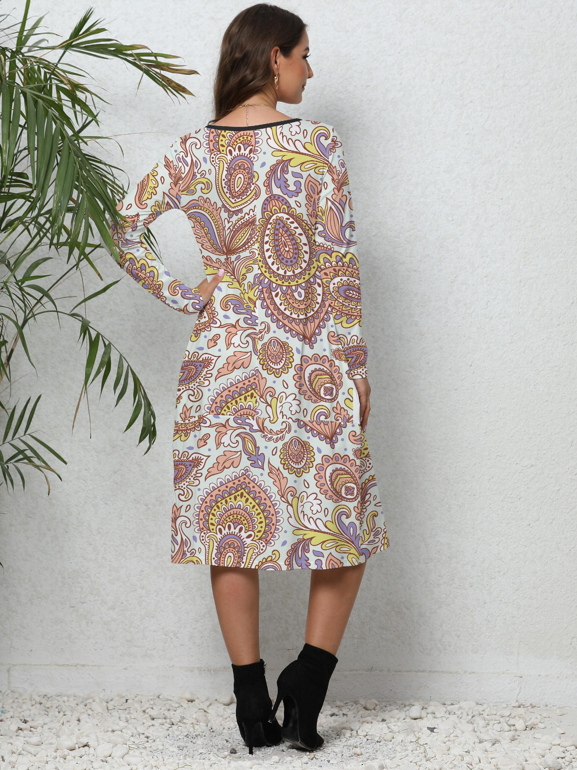 Women's Plus Colorblock Paisley Floral Print Long Sleeve Dress