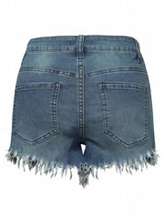 Casual Denim Shorts Women's Plus Washed Button Fly Fringe Trim