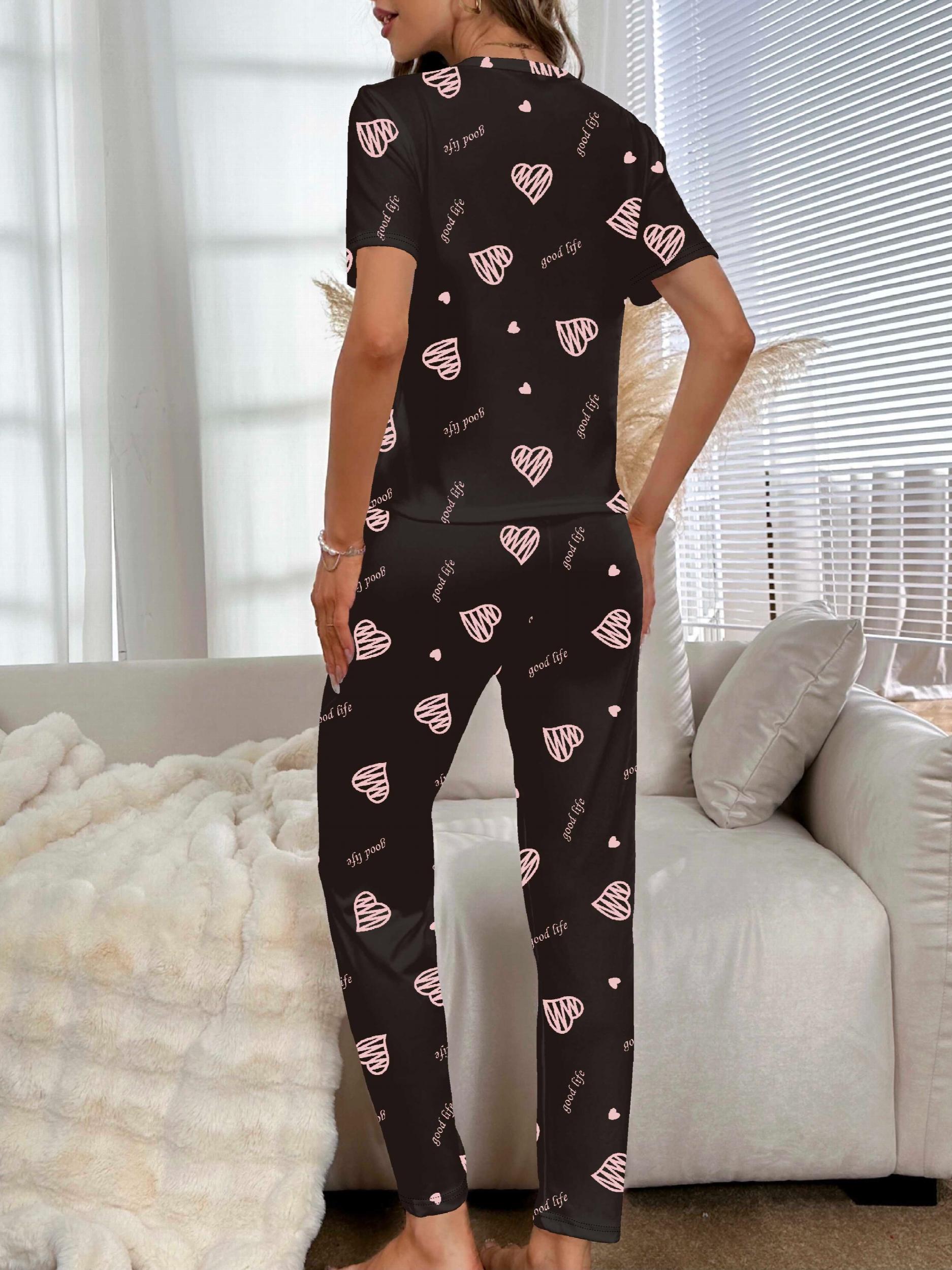 Heart Print Pajama Set Short Sleeve Top & Pants