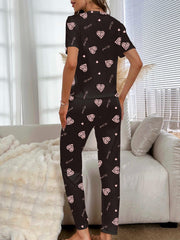 Heart Print Pajama Set Short Sleeve Top & Pants