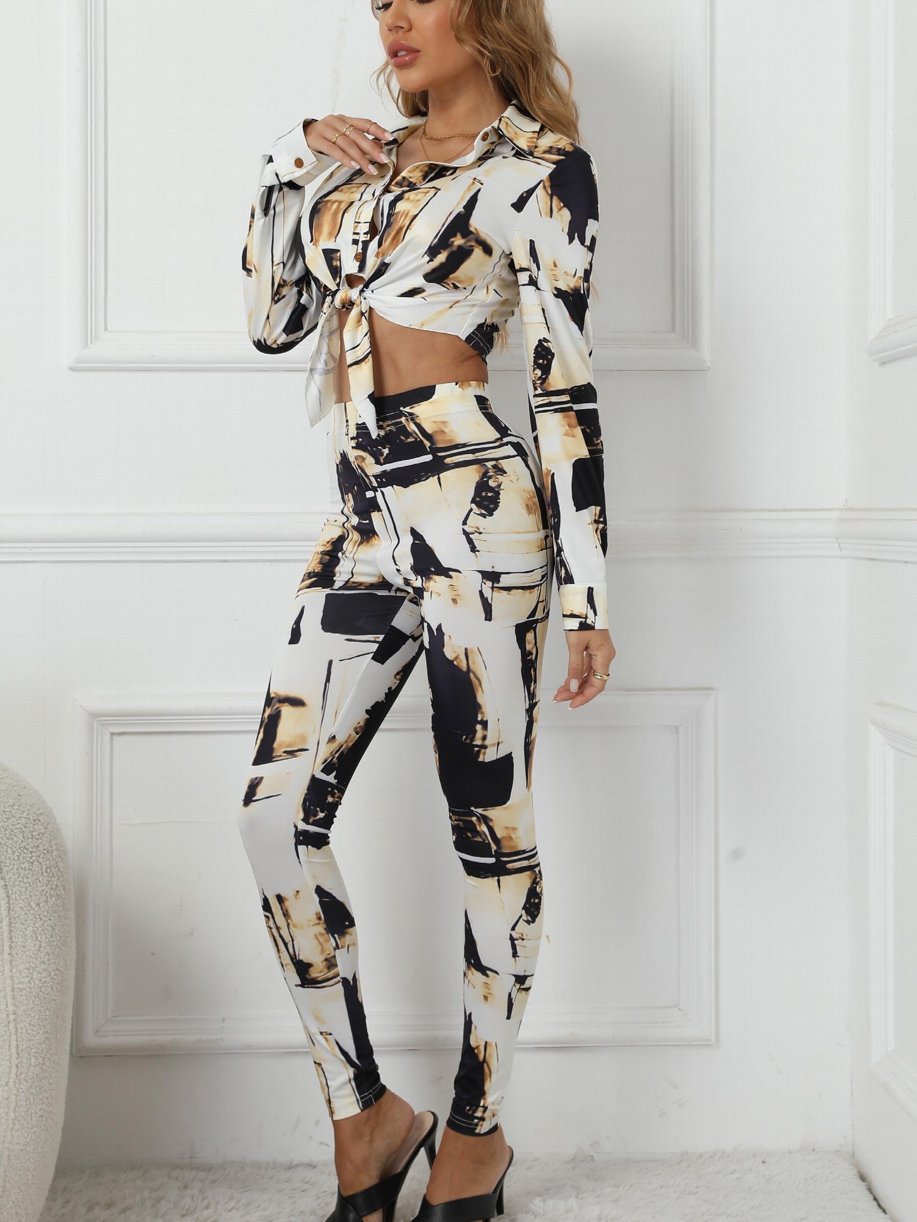 Allover Print Two Piece Set Button Front Shirt & Leggings