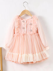 Embroidered Flutter Trim Mesh Dress for Girls
