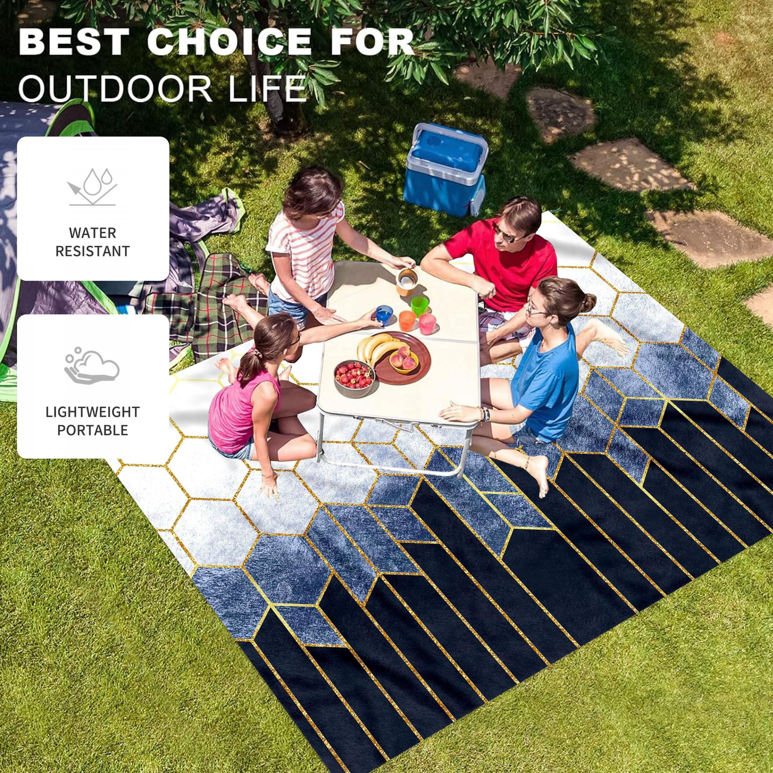 Golden Geometric Plaid Outdoor Picnic Mat Lightweight Waterproof