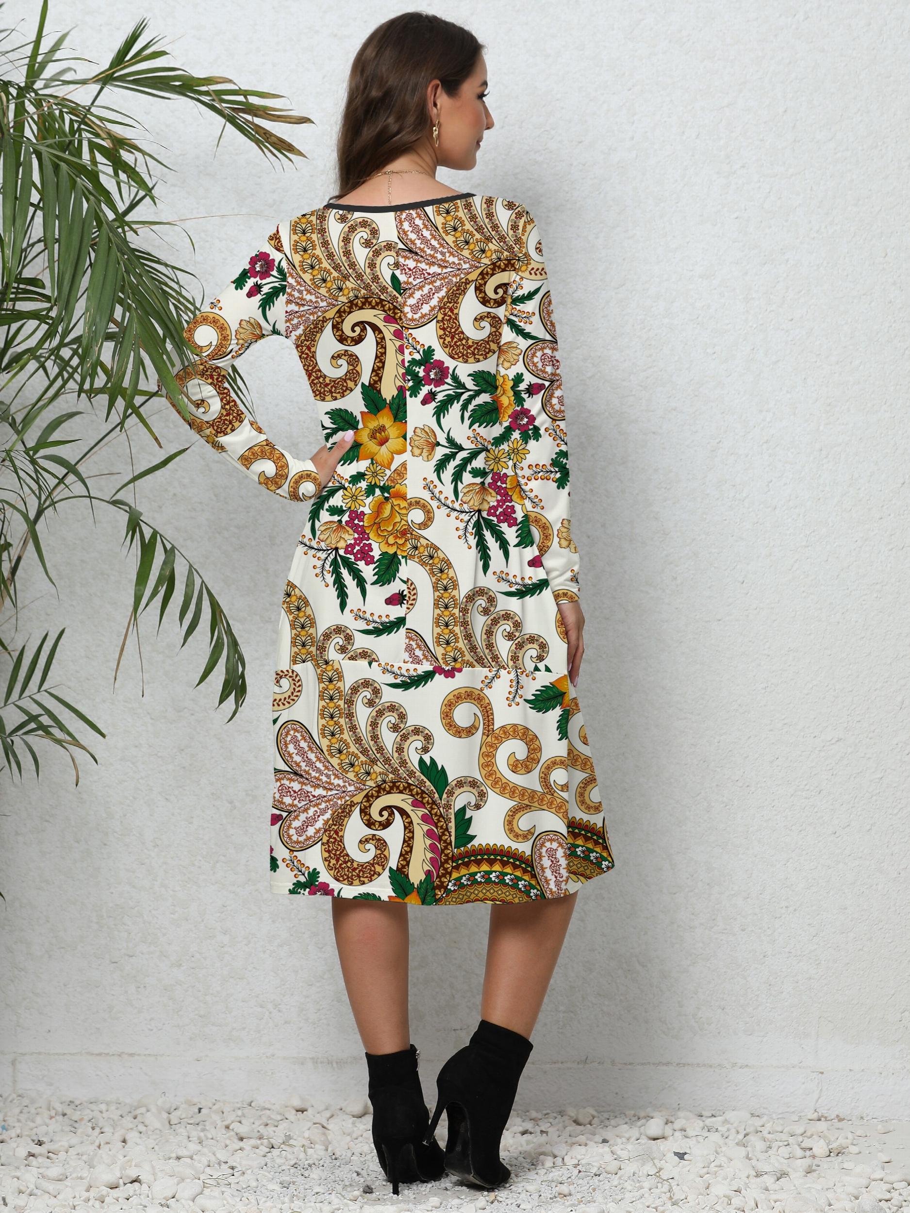 Women's Plus Colorblock Paisley Floral Print Long Sleeve Dress