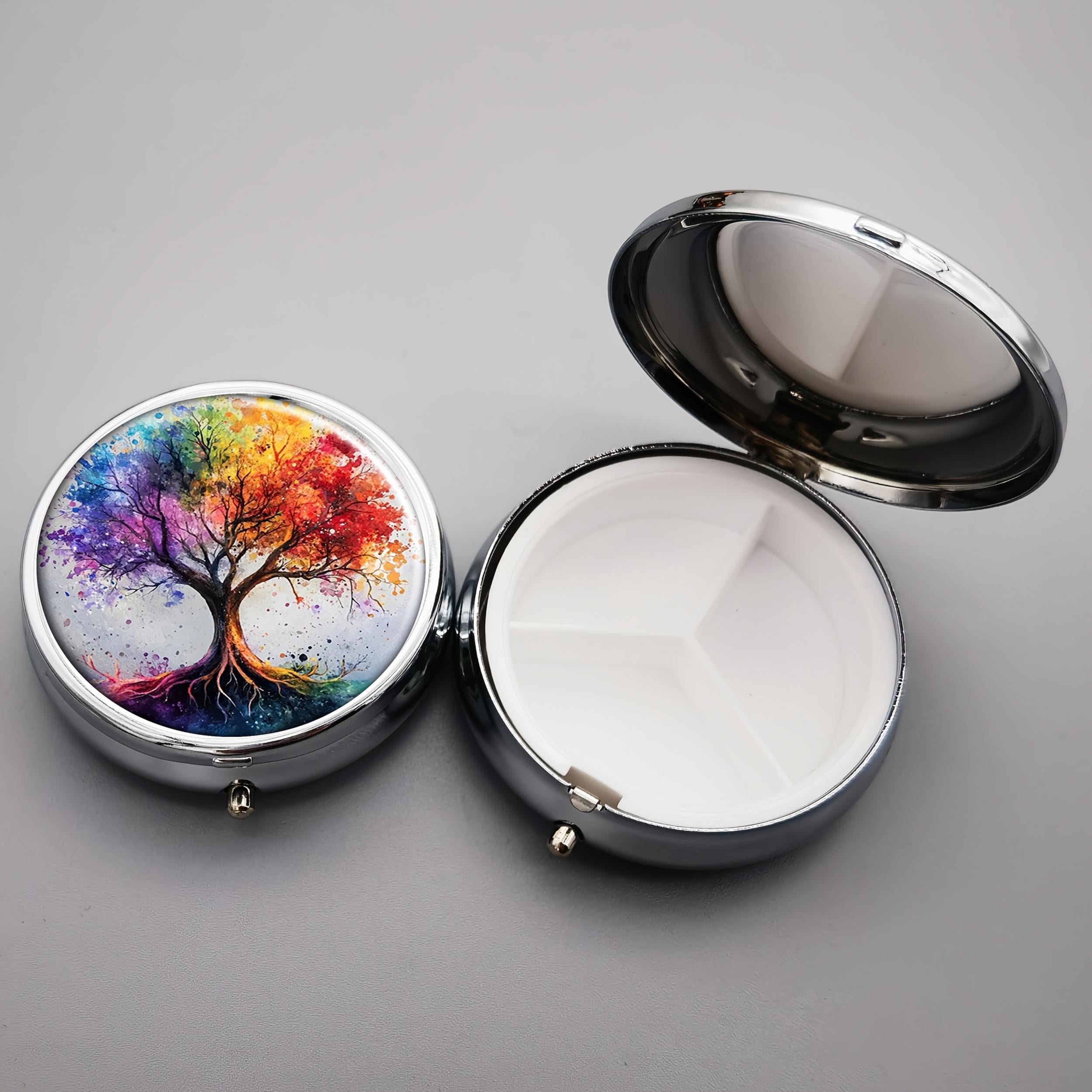 Pill Box 3 Compartment Metal Organizer - Vintage Tree Design