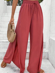 Solid Slit Wide Leg Pants Casual Drawstring Elastic Waist