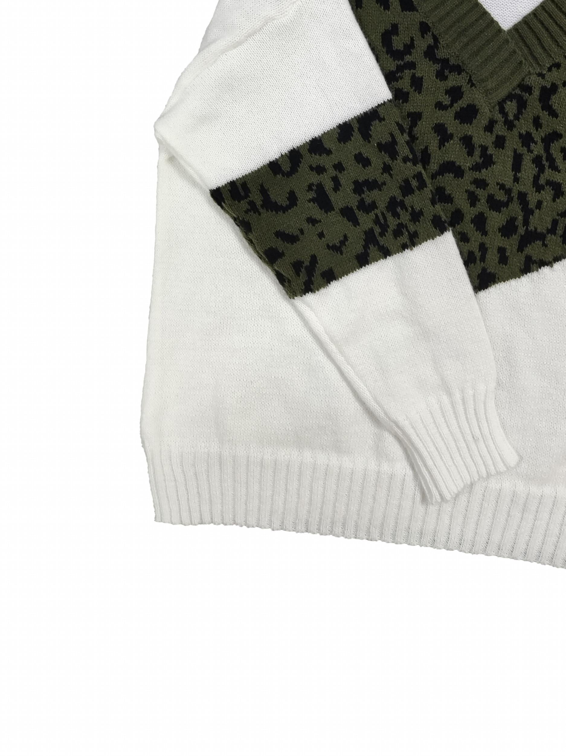 Colorblock Leopard Print V Neck Sweater