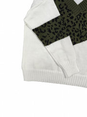 Colorblock Leopard Print V Neck Sweater