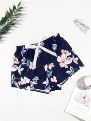 Floral Print Sleep Bottoms Bow Elastic Waistband Shorts Women's Sleepwear