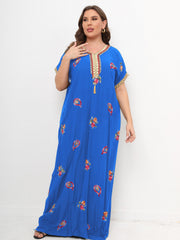 Floral Print Lace Panel Sleeve V Neck Maxi Kaftan Dress
