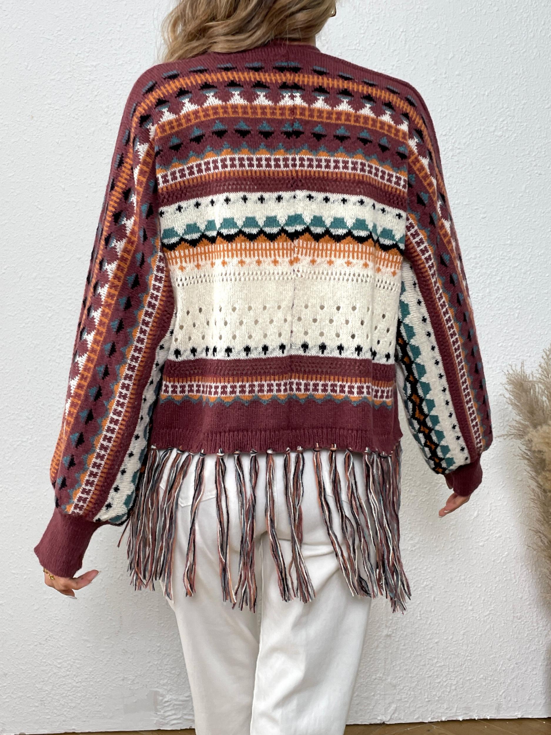 Ethnic Pattern Tassel Cardigan Vintage Open Front Cardigan