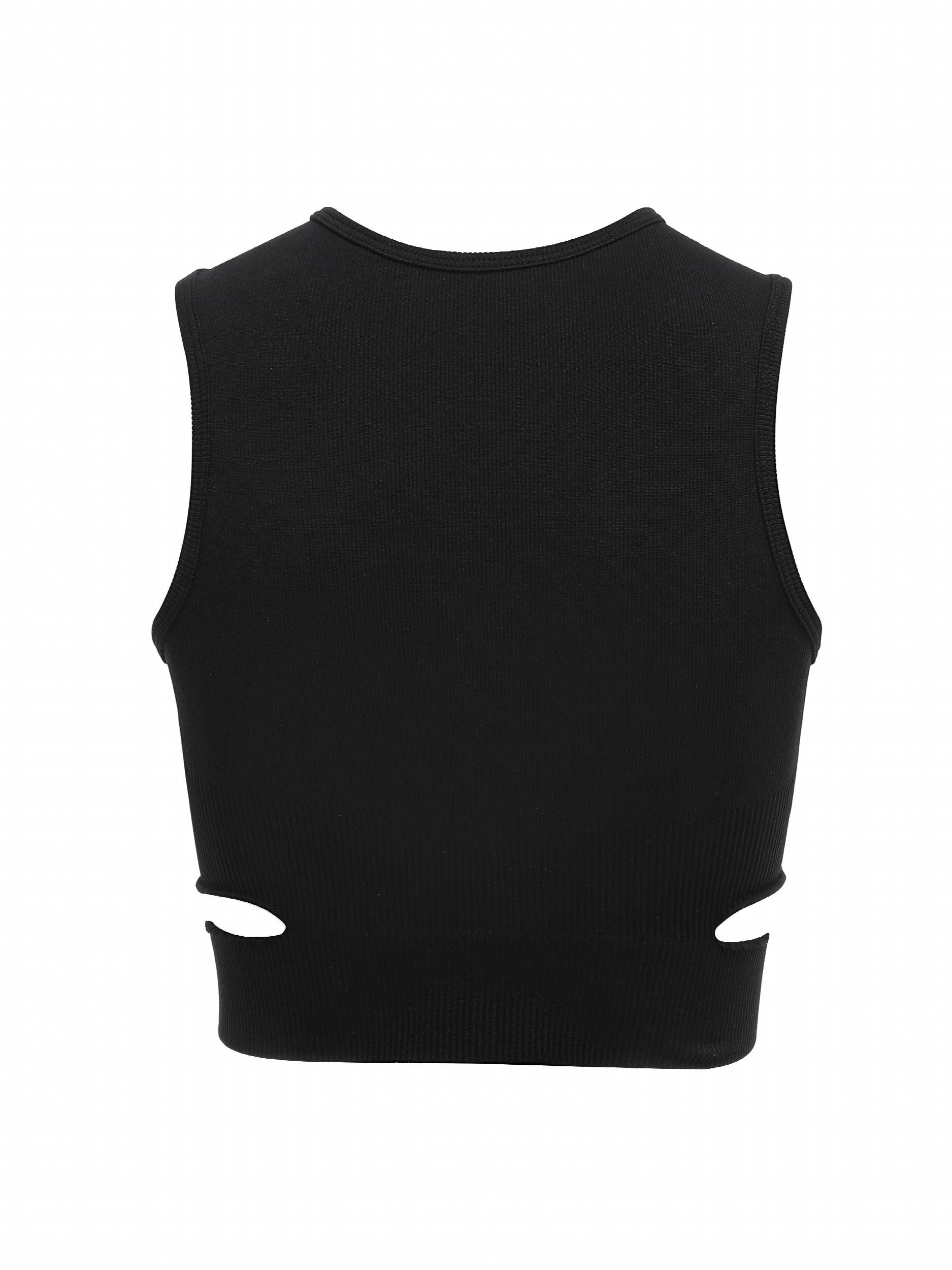 Solid Ribbed Cut Out Round Neck Yoga Workout Bra With Removable Pads