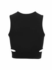 Solid Ribbed Cut Out Round Neck Yoga Workout Bra With Removable Pads