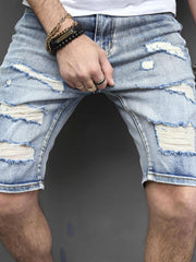 Men's Ripped Denim Shorts Street Style Distressed Mid Stretch Shorts