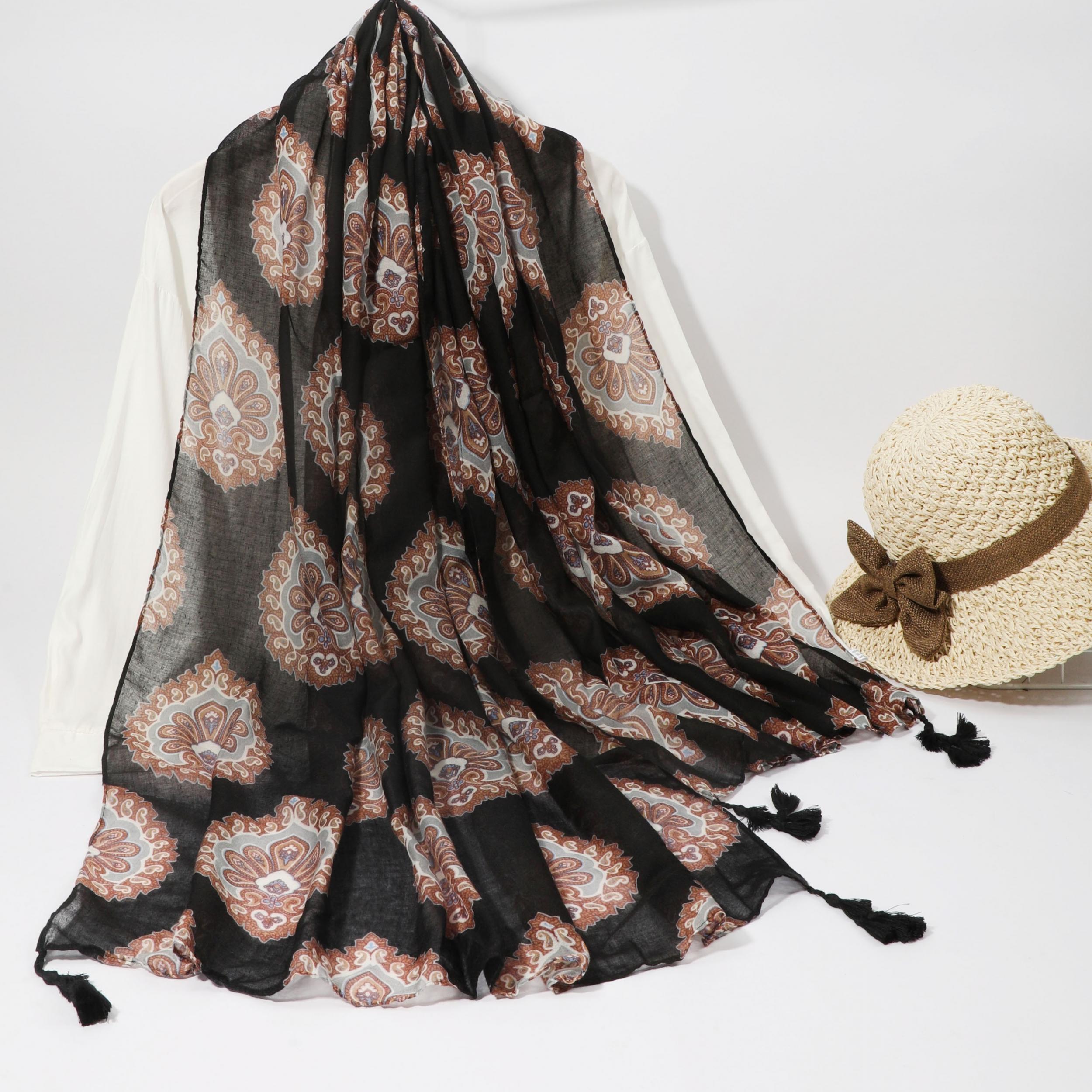 Boho Flower Print Scarf Vintage Tassel Shawl