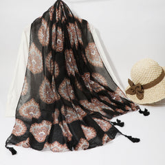 Boho Flower Print Scarf Vintage Tassel Shawl