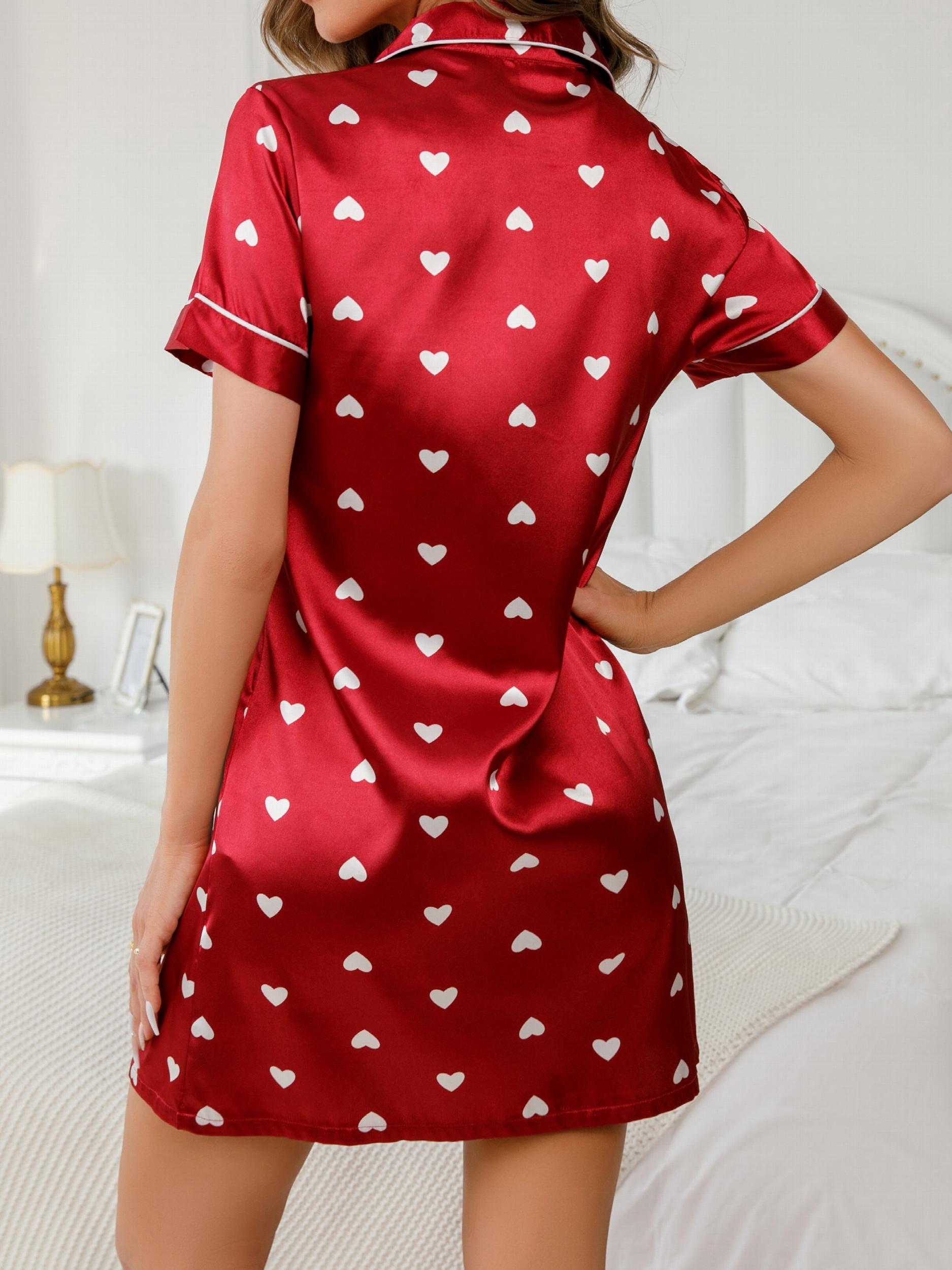 Heart Print Satin Nightdress Short Sleeve Sleep Dress