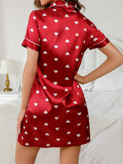 Heart Print Satin Nightdress Short Sleeve Sleep Dress