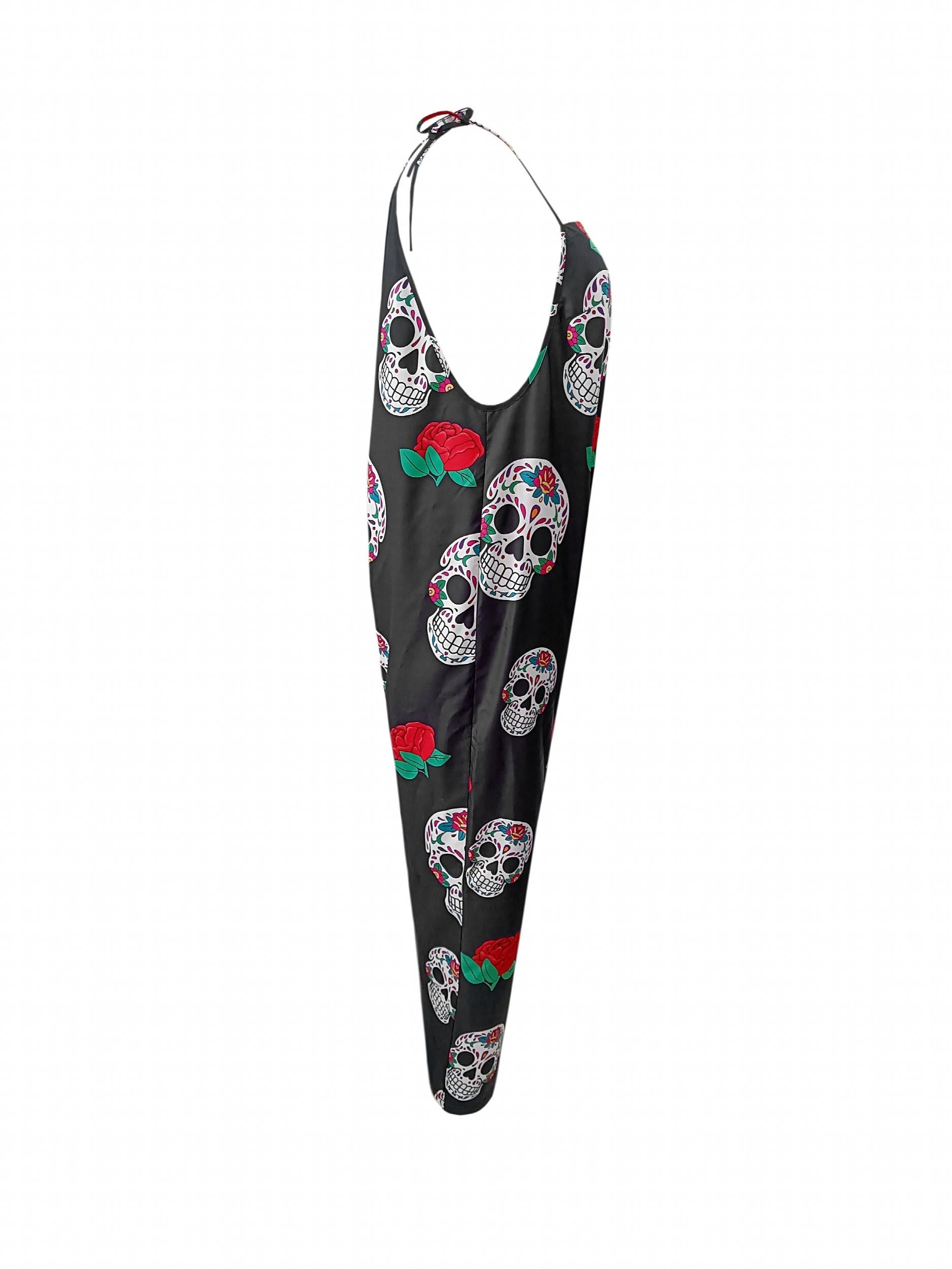 Rose & Skull Print Square Neck Jumpsuit