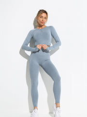 2pcs Yoga Sports Set Long Sleeve Crop Top & High Waist Leggings