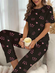 Crown Print Pajama Set Short Sleeve Crew Neck Top & Elastic Waistband Pants