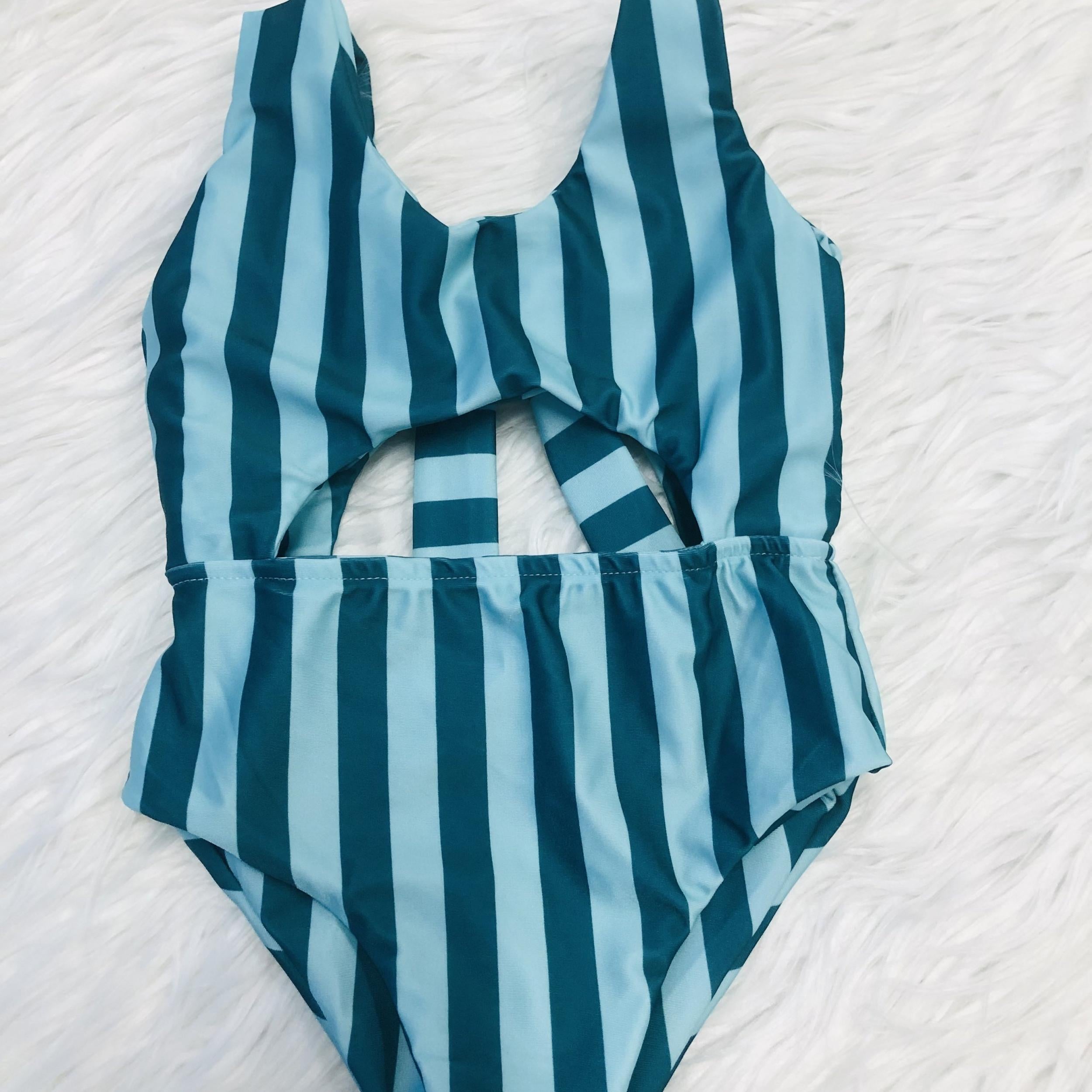 Girls Stripe Print One Piece Swimsuit Sleeveless Tankini