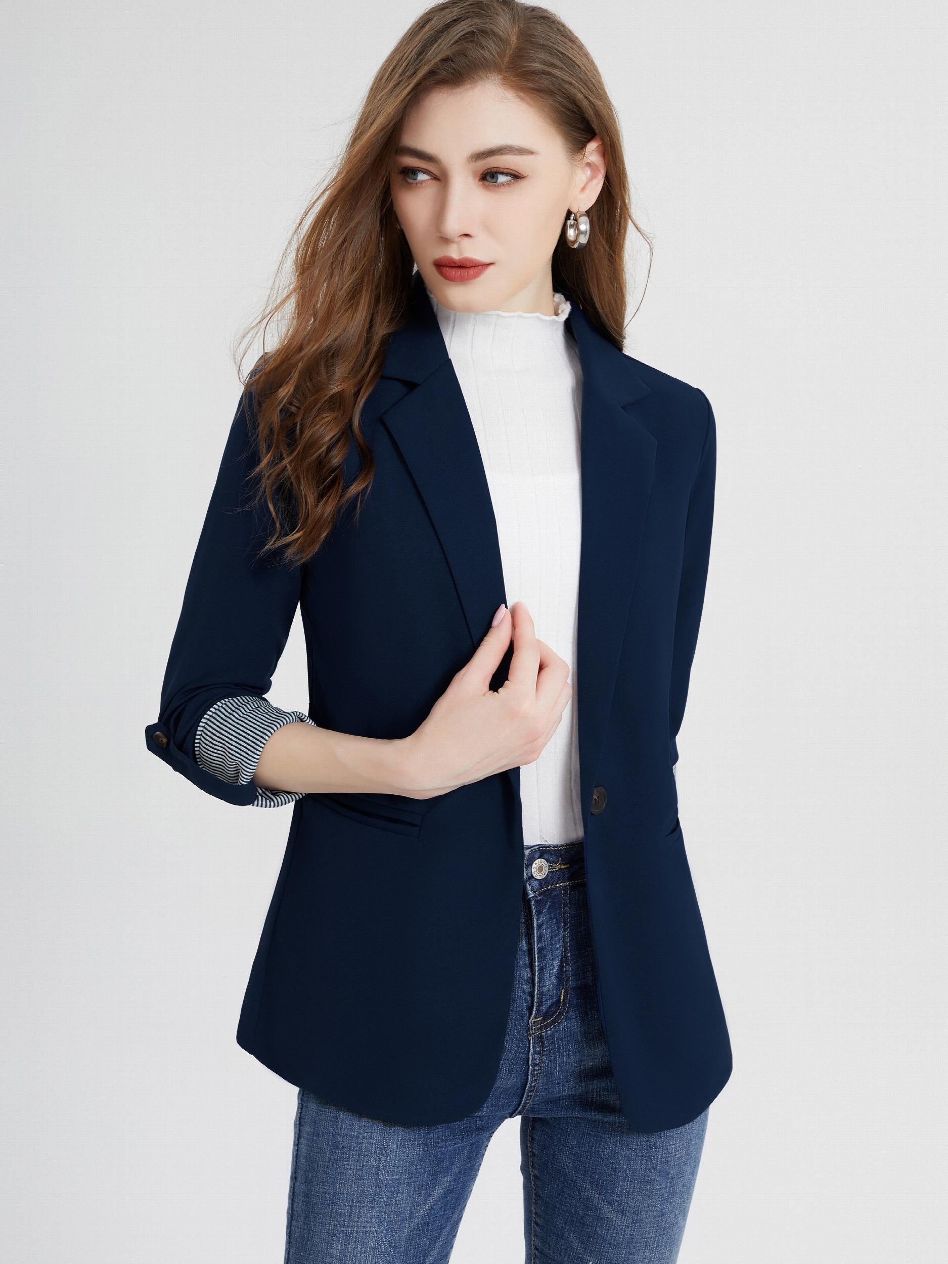 V Neck Pocket Basic Blazer Coat Casual Long Sleeve Loose Blazer