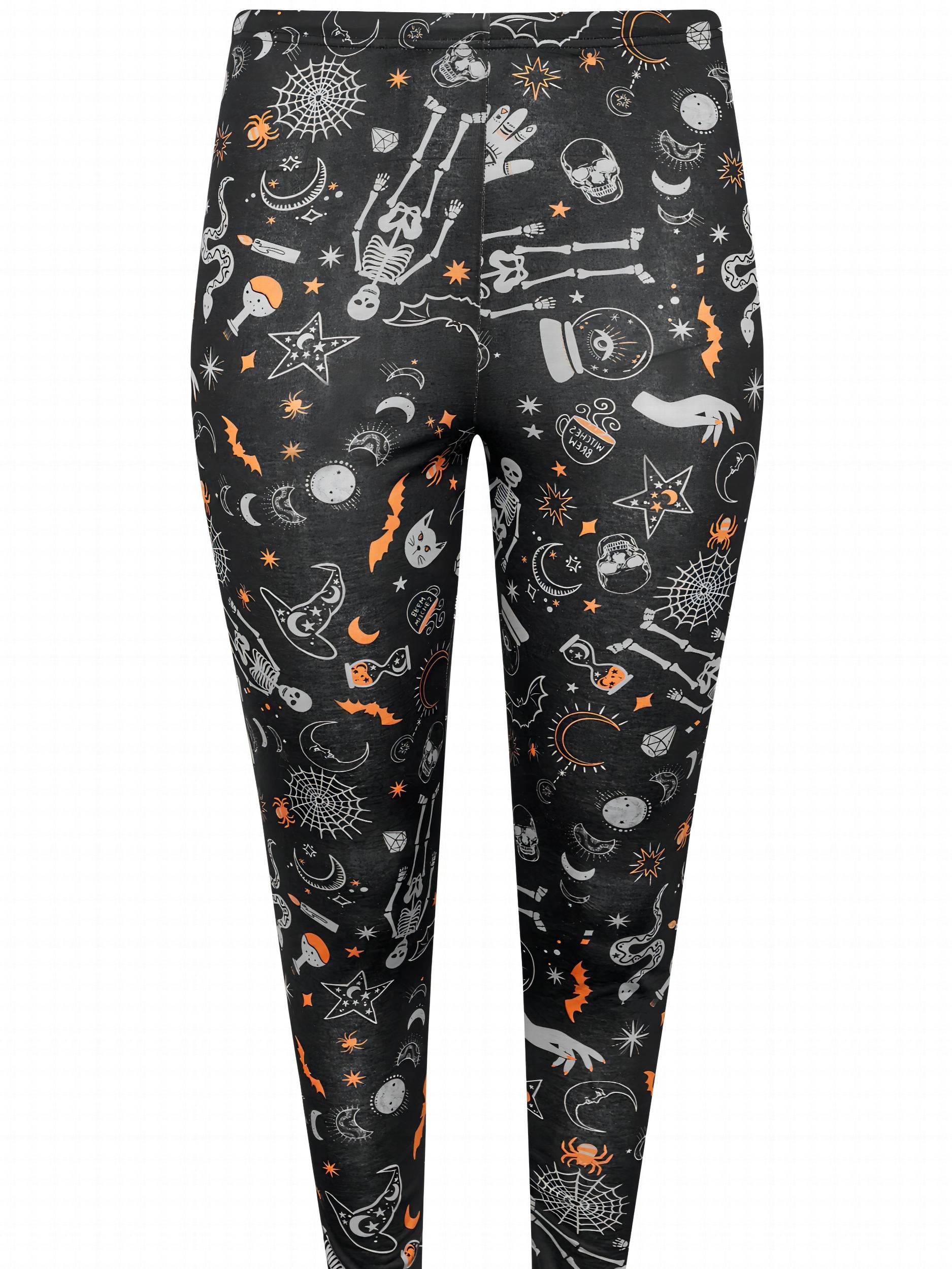 Skull & Bat Print High Rise Sports Leggings for Plus Size Women