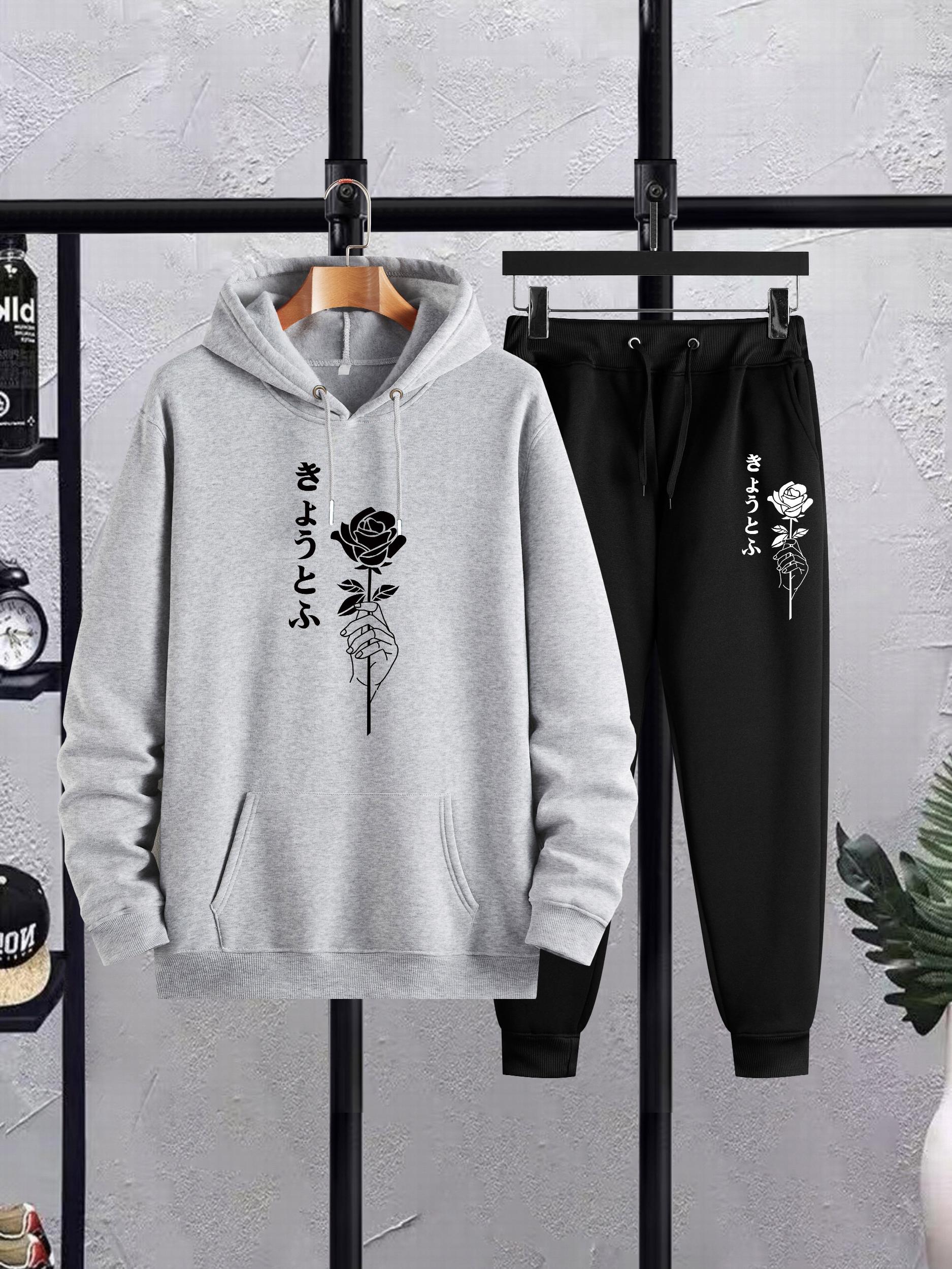 Rose Graphic Print Men's Hoodies & Pants Set Loose Plus Size Winter Fall