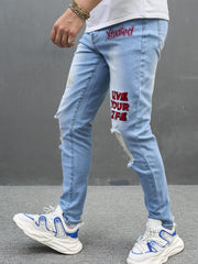 Embroidery Letter Slim Fit Ripped Jeans Men's Street Style Denim Pants
