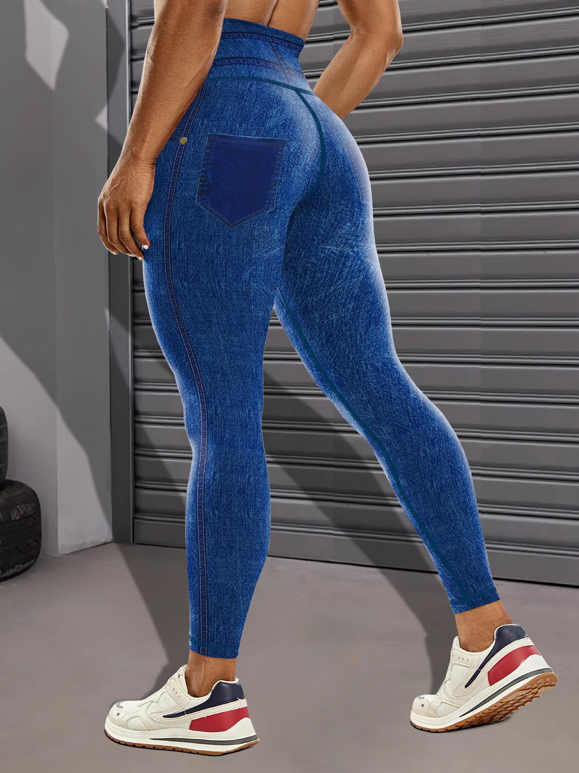 Faux Denim Print Yoga Leggings Tummy Control High Waist Workout Pants Activewear