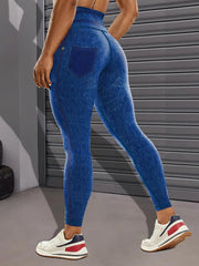 Faux Denim Print Yoga Leggings Tummy Control High Waist Workout Pants Activewear